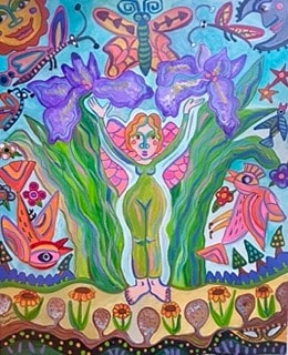 Woman in blue dress surrounded by butterflies and flowers — folk art painting by Robbin Robertson