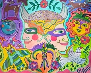 Gemini zodiac folk art painting with two faces, bison, sun and moon — by Robbin Robertson