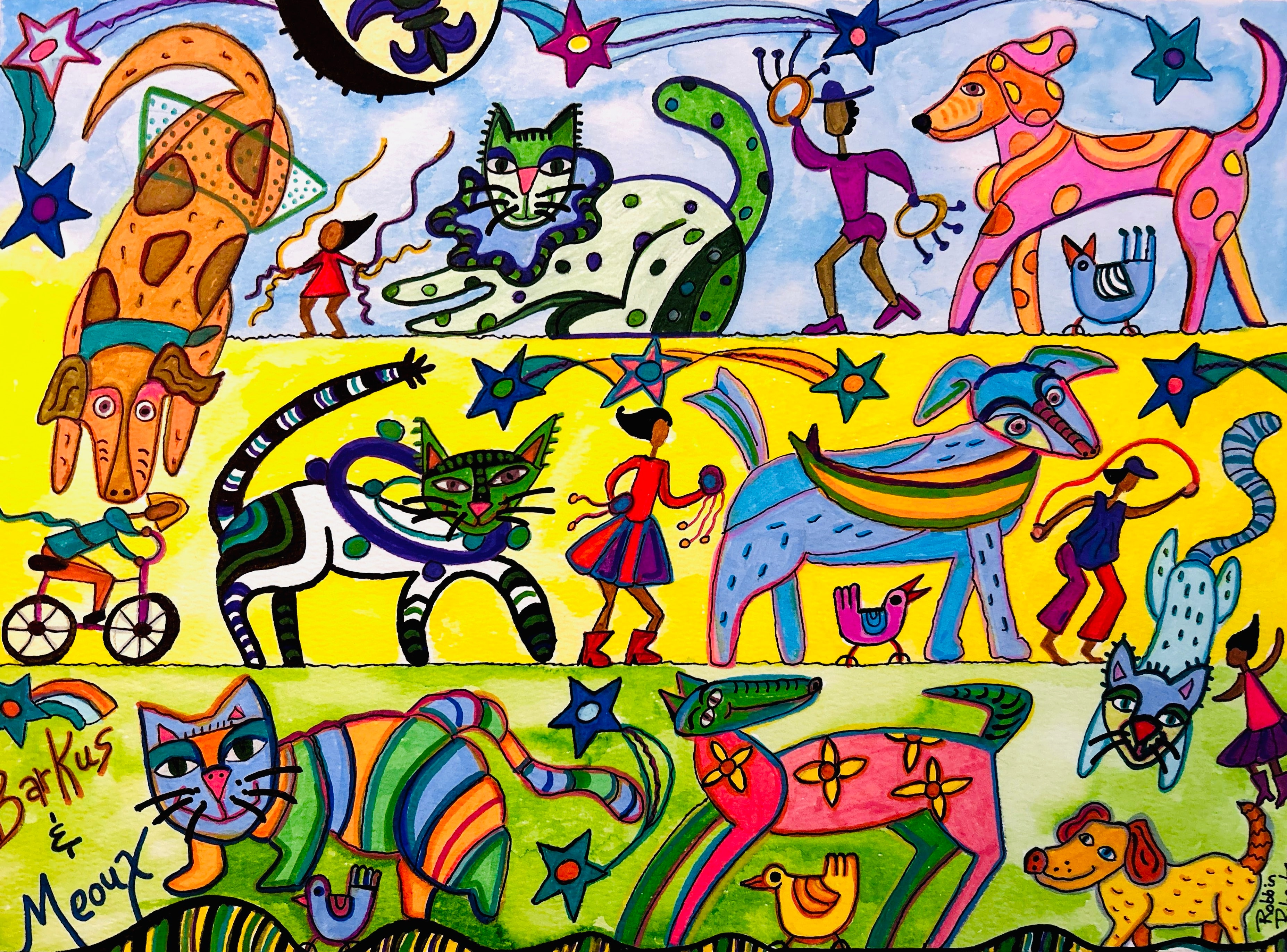 Barkus and Meoux — colorful folk art painting of whimsical cats and dogs by Robbin Robertson, shown at 318 Art and Frame