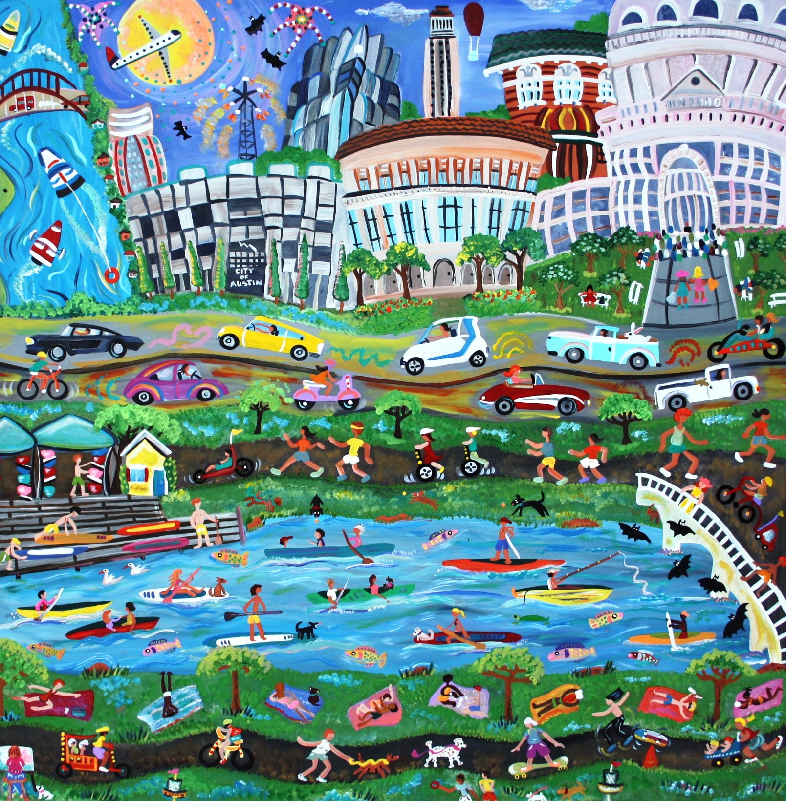 Vibrant folk art illustration of Austin cityscape with landmarks, people, vehicles, and Lady Bird Lake activities