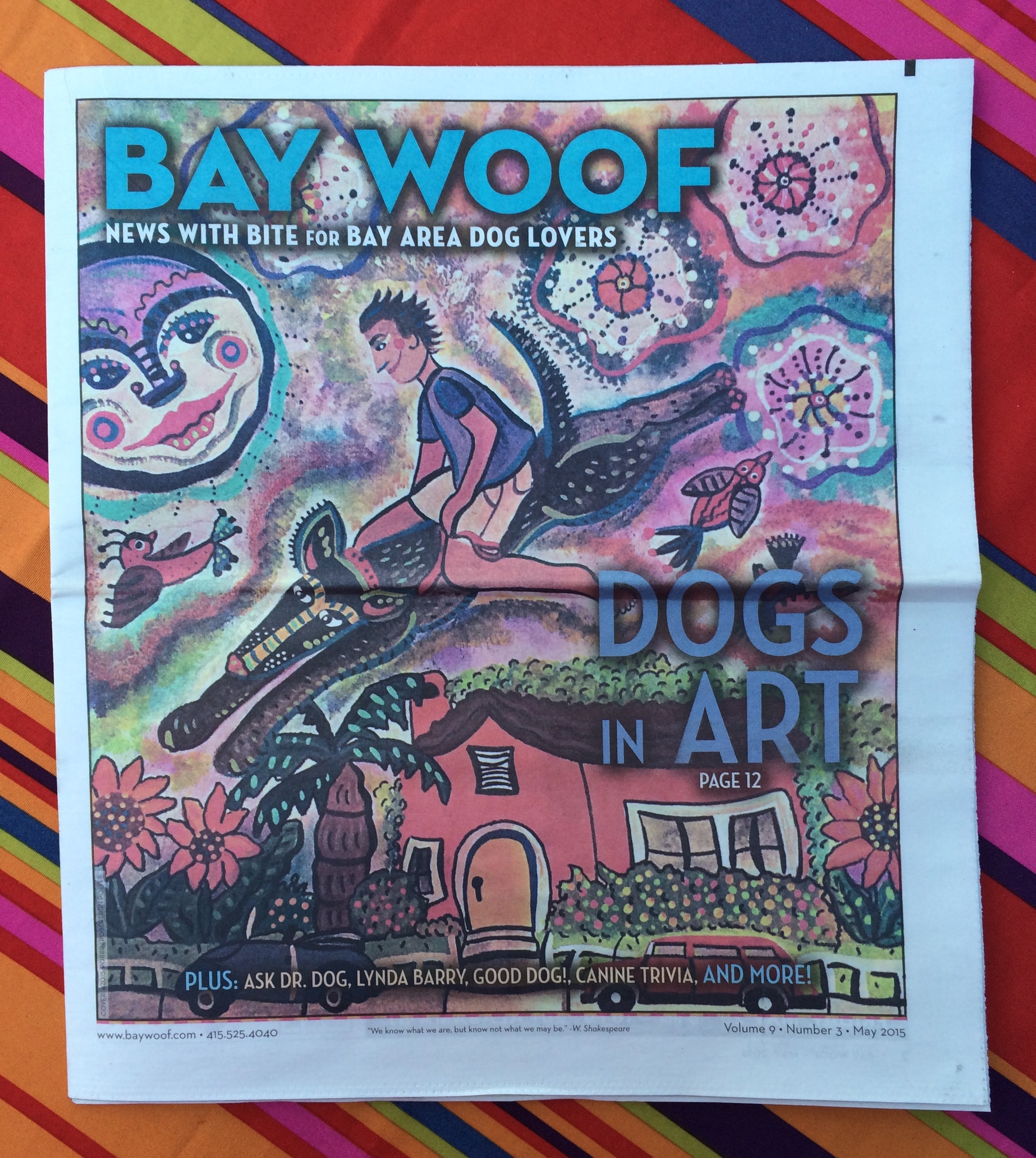 Bay Woof magazine cover featuring Robbin Robertson's folk art illustration — Dogs in Art, May 2015