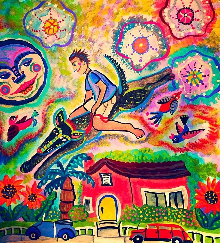 Colorful folk art painting of a boy riding a bird over a vibrant house by Robbin Robertson