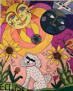 The Eclipse — folk art painting of a white poodle named Eclipse watching the solar eclipse, with sun, moon, sunflowers and dragonflies