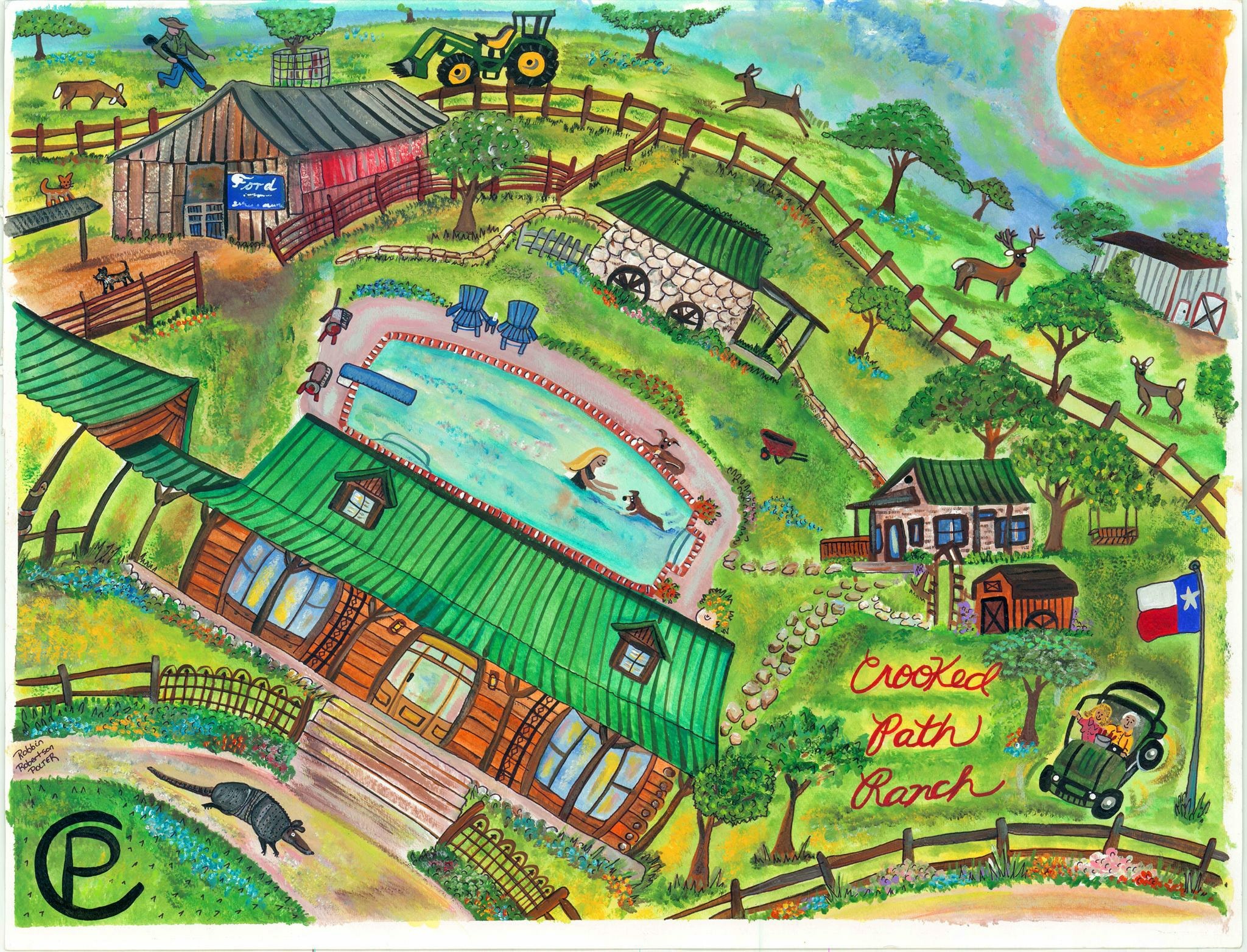 Crooked Path Ranch — custom illustrated aerial map commission by Robbin Robertson
