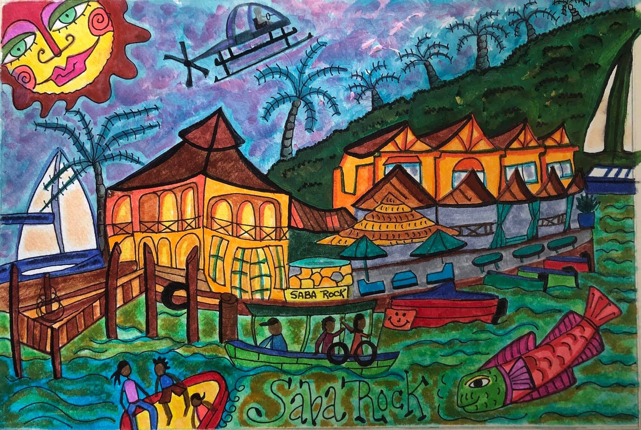 Saba Rock Resort BVI — vibrant folk art painting of the waterfront resort by Robbin Robertson