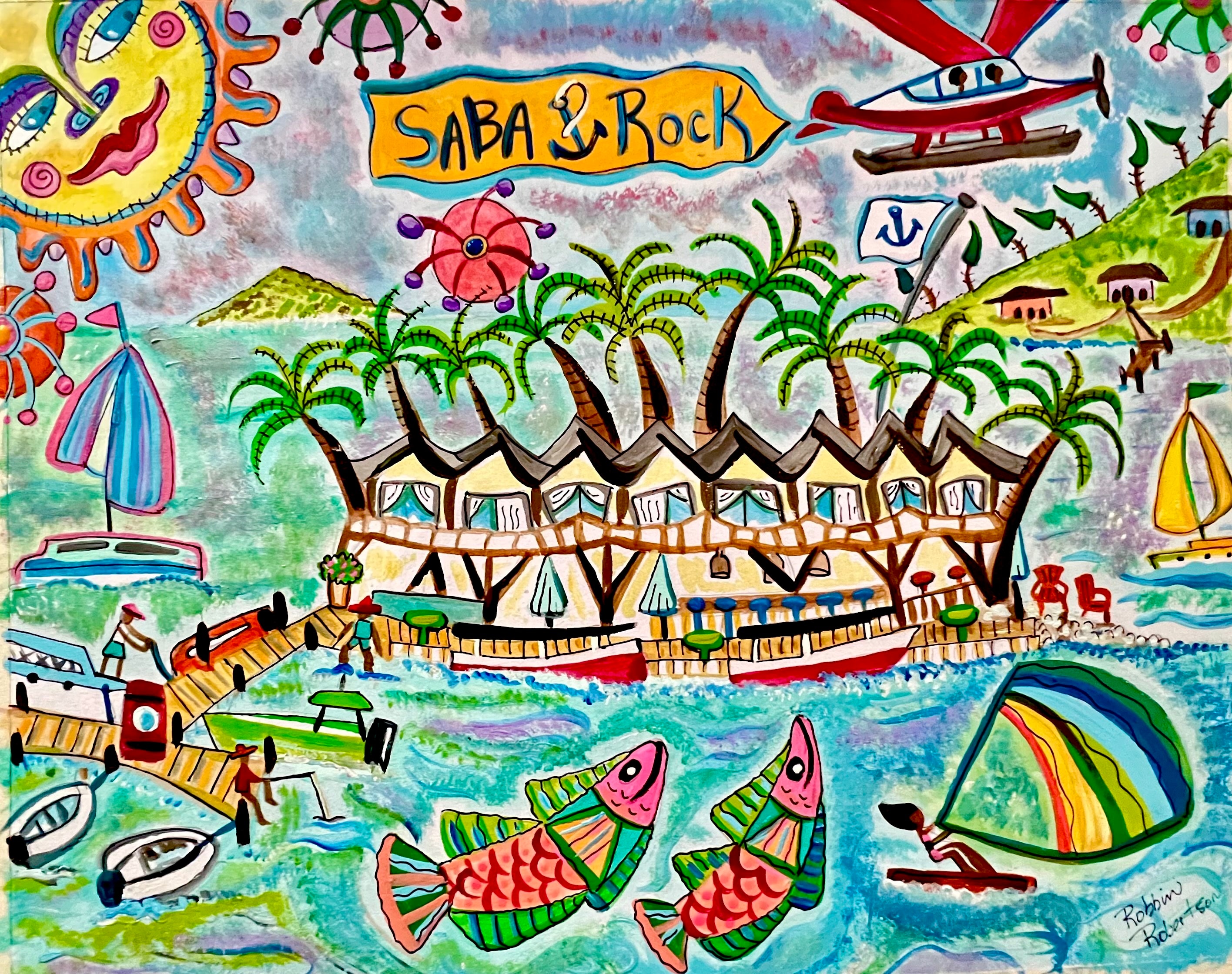 Saba Rock Resort BVI — colorful folk art illustration of the island resort with palm trees and boats by Robbin Robertson