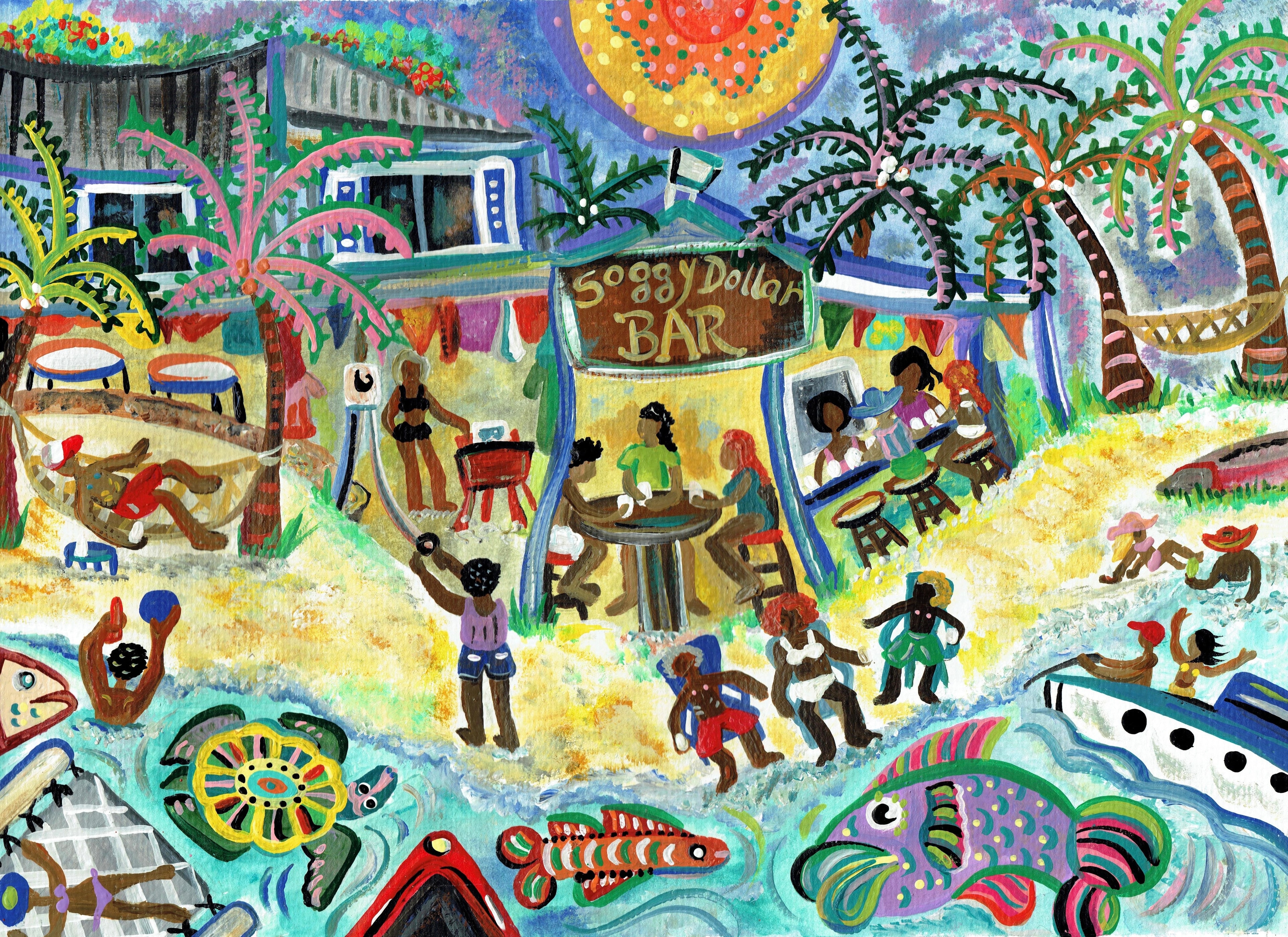 Soggy Dollar Bar BVI — colorful folk art illustration sold in the gift shop by Robbin Robertson