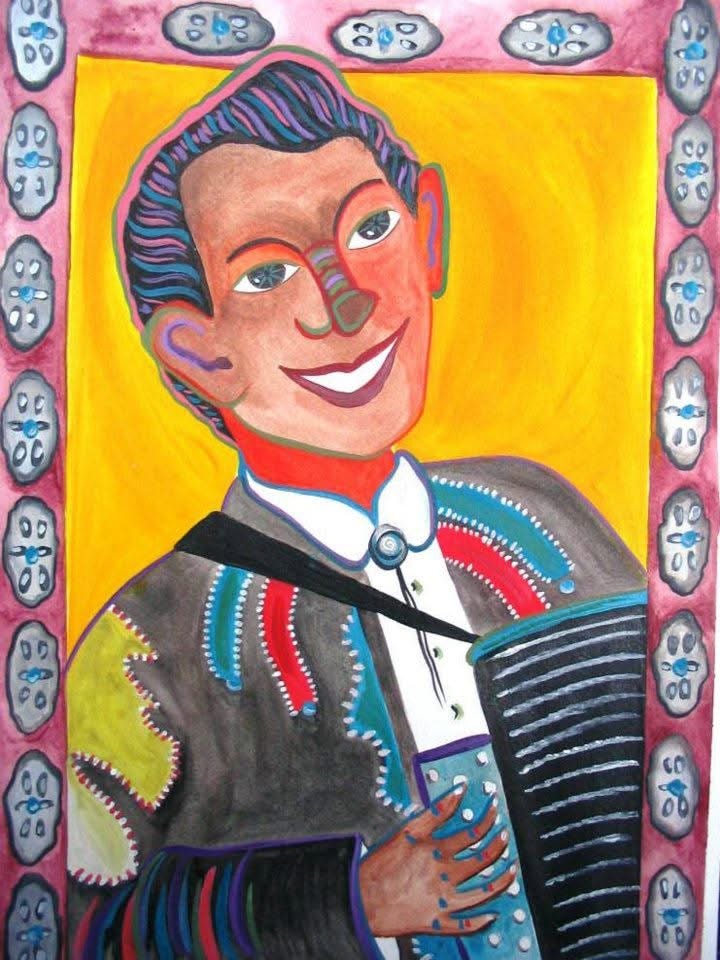 Accordion player portrait with decorative border — Sunset Station musician banner