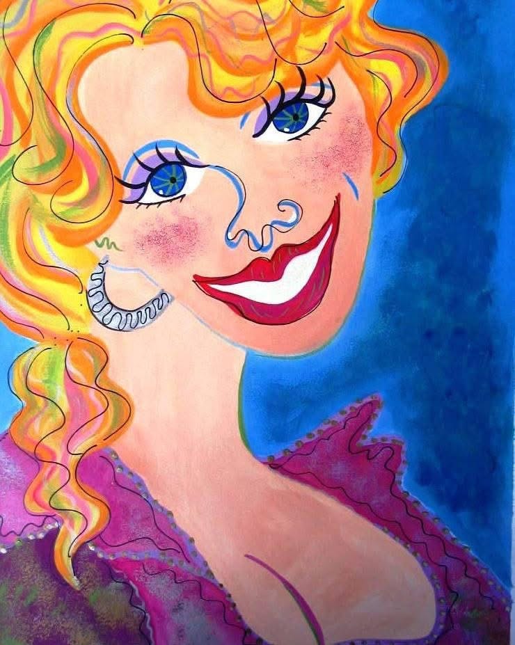 Colorful portrait of smiling blonde woman with curly hair — Sunset Station musician banner