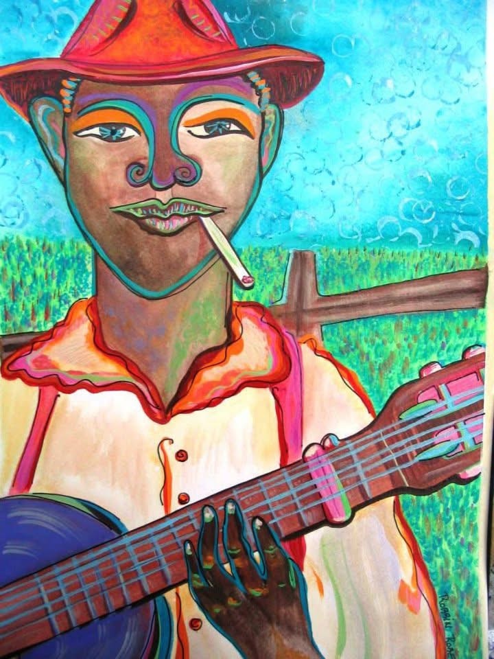 Cowboy musician portrait playing guitar in field — Sunset Station musician banner