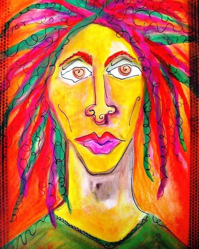 Colorful portrait painting with rainbow dreadlocks — Sunset Station musician banner