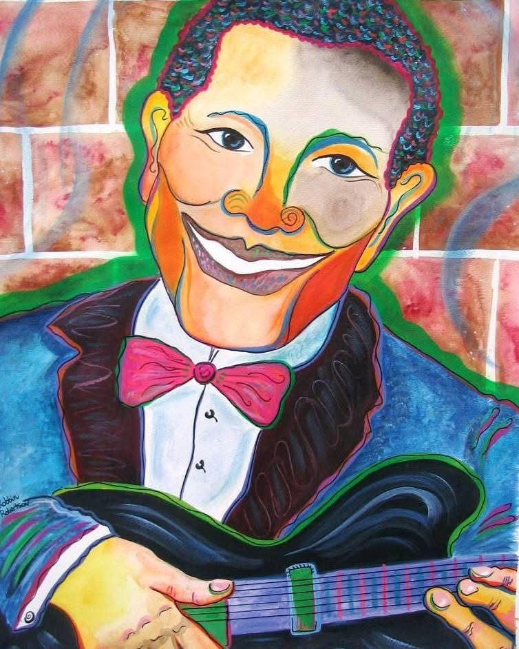 Guitar player portrait with pink bow tie against brick wall — Sunset Station musician banner