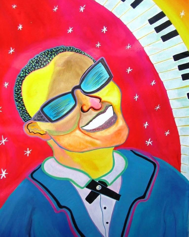 Jazz musician portrait with sunglasses and piano keys — Sunset Station musician banner