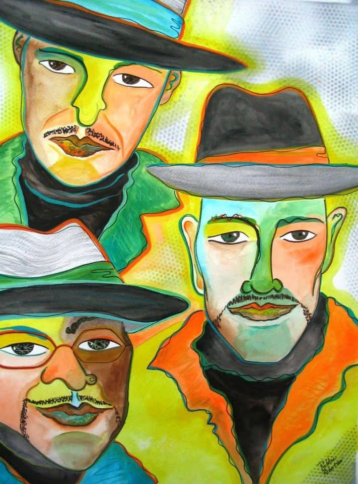 Three cowboy figures in green and yellow tones — Sunset Station musician banner