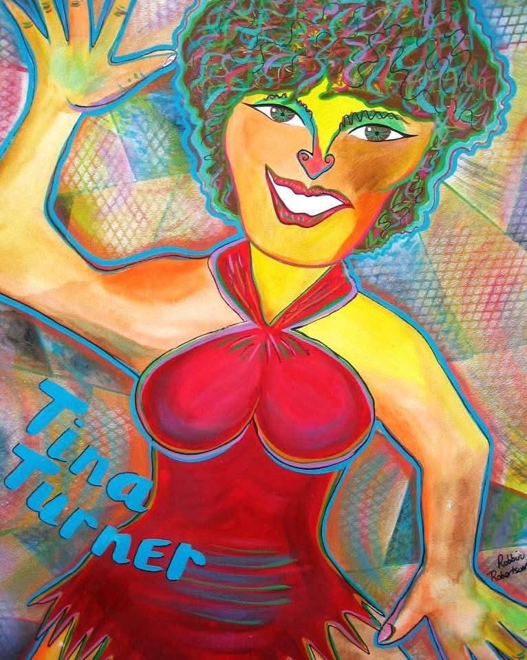 Tina Turner portrait painting in red dress — Sunset Station musician banner