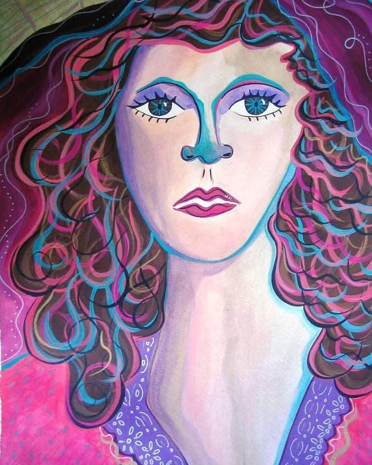 Woman portrait with flowing curly hair in purple and pink tones — Sunset Station musician banner