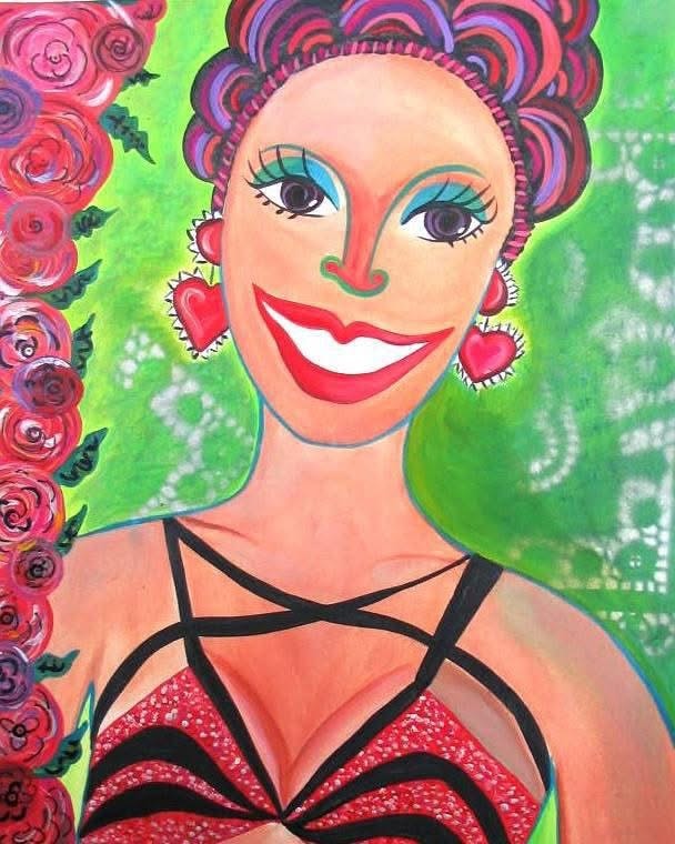 Portrait of woman with red roses and heart earrings — Sunset Station musician banner