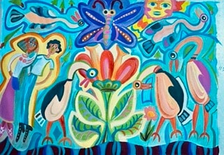 Colorful abstract mural with birds and flowers by Robbin Robertson