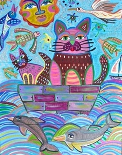 Colorful whimsical cat boat ocean illustration by Robbin Robertson