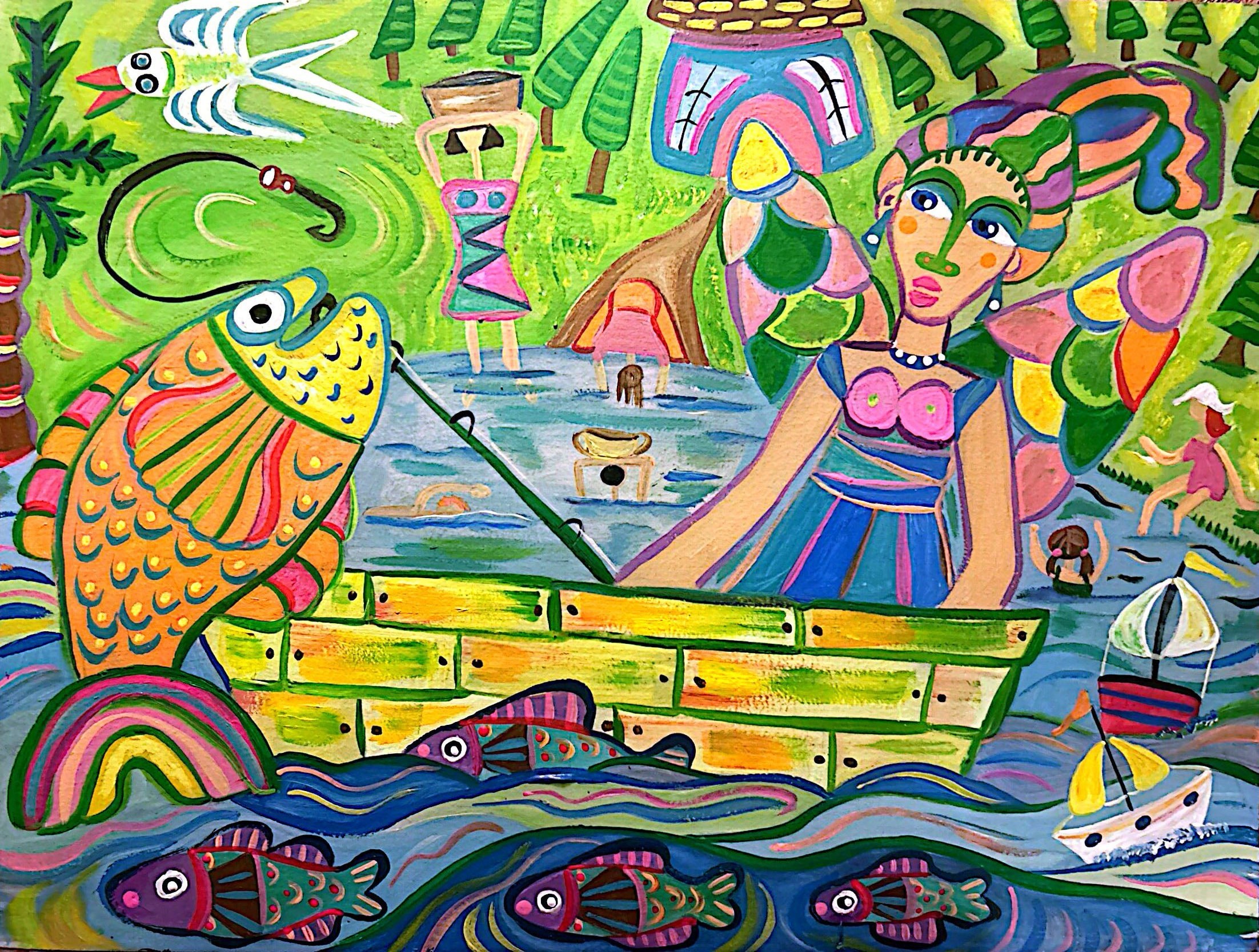 Colorful whimsical camping scene with animals by Robbin Robertson