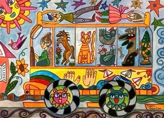 Colorful folk art decorated bus with whimsical animals and figures by Robbin Robertson