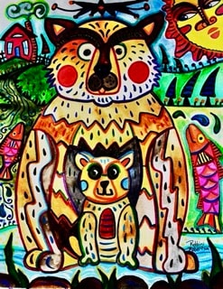 Vibrant folk art owl with baby owl surrounded by colorful fish and patterns by Robbin Robertson