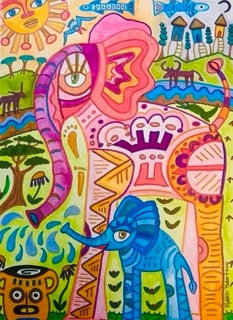 Vibrant folk art with colorful animals and sun by Robbin Robertson