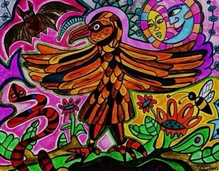 Colorful folk art bird with bat and snake by Robbin Robertson