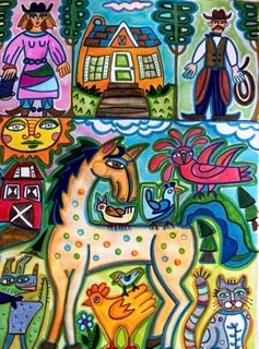 Colorful folk art farm scene with horse and figures by Robbin Robertson