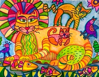 Vibrant folk art cats with fish and birds by Robbin Robertson