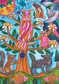 Colorful owl in tree with animals and fish by Robbin Robertson
