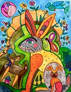 Vibrant folk art rabbit with deer and flowers by Robbin Robertson