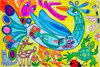 Colorful folk art peacock with giraffe and animals by Robbin Robertson