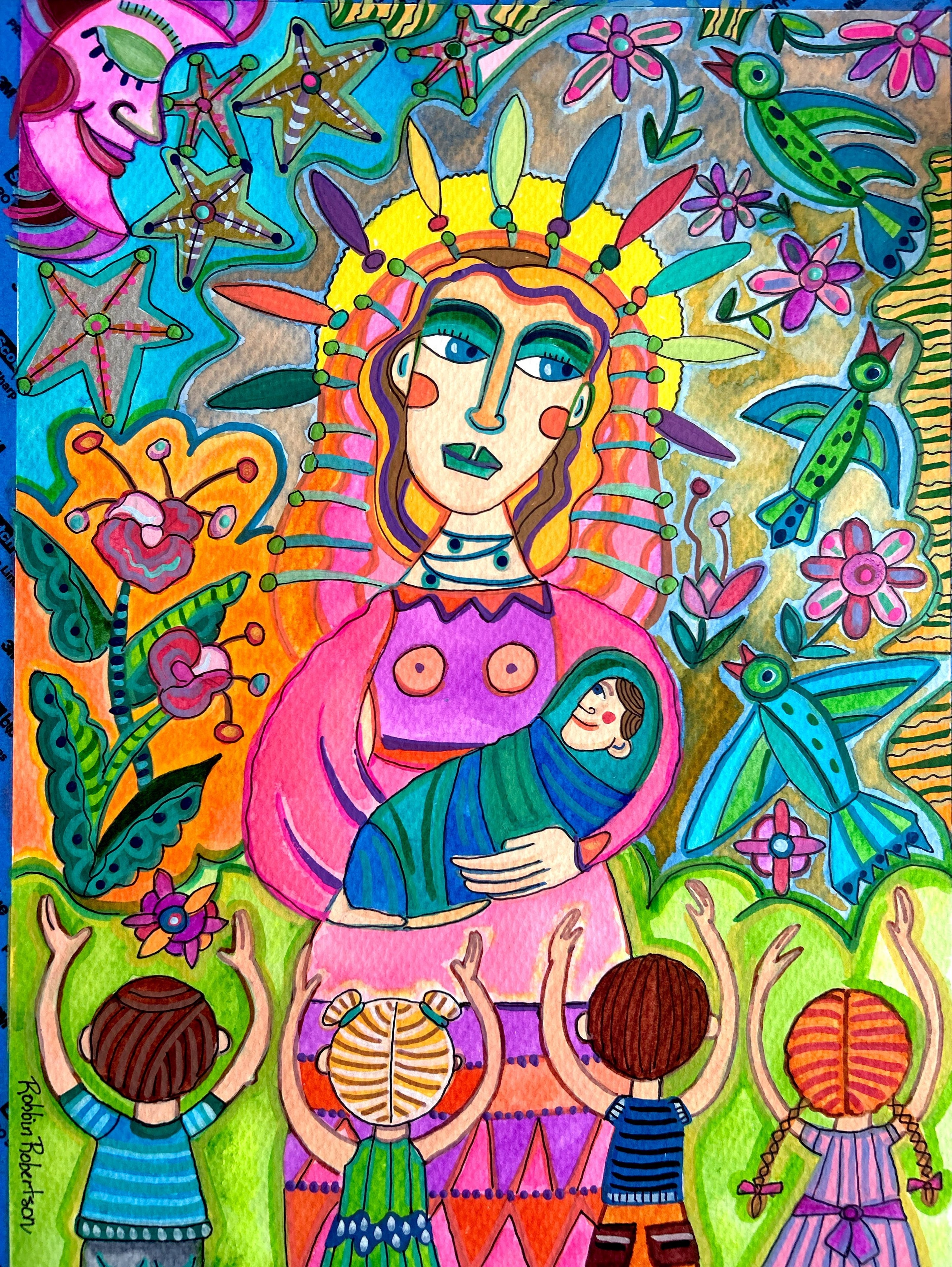Vibrant folk art mother holding baby surrounded by children flowers and birds by Robbin Robertson