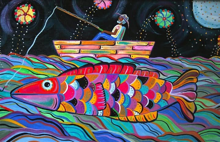Colorful folk art fish carrying person in boat midnight fishing by Robbin Robertson