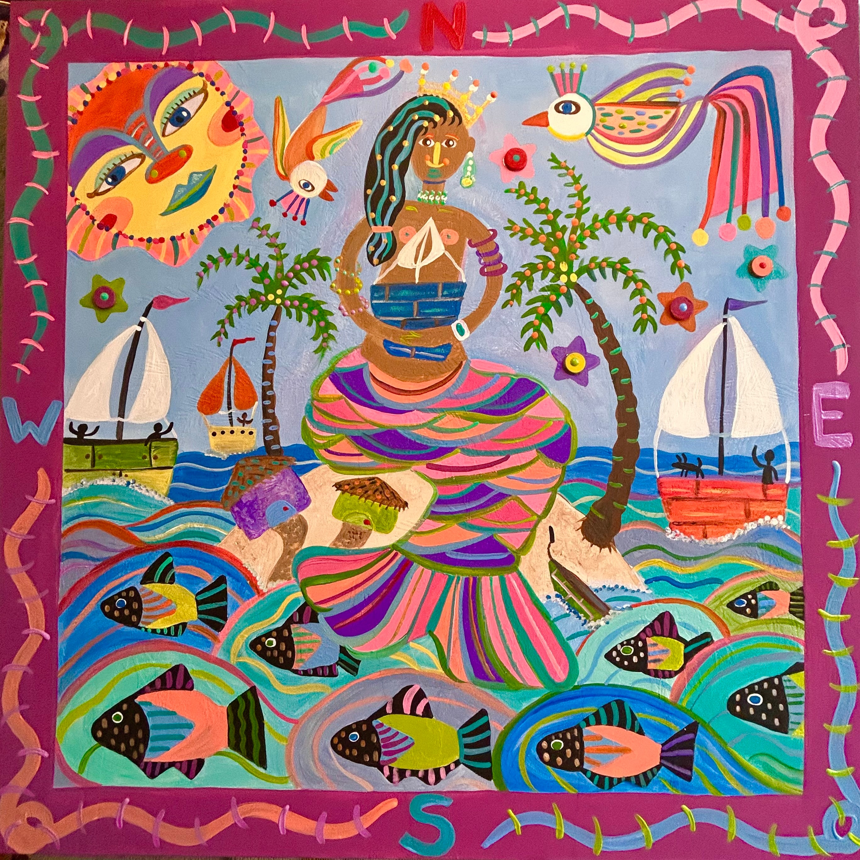 Colorful folk art queen figure with compass directions sailboats and fish by Robbin Robertson