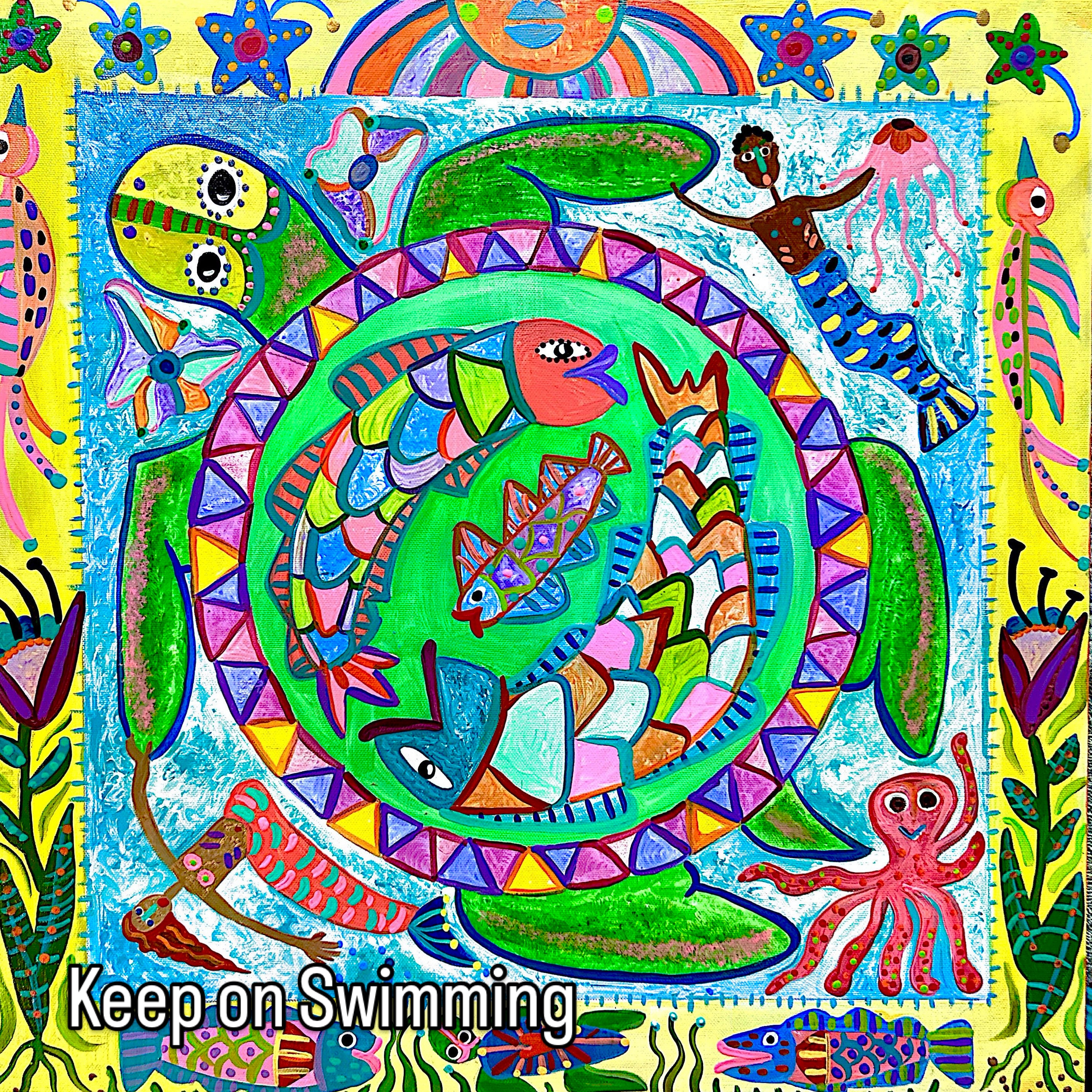Keep on Swimming colorful folk art turtle with fish and sea creatures by Robbin Robertson