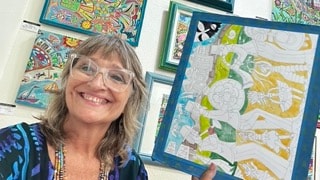 Colorful folk art map commission painting by Robbin Robertson
