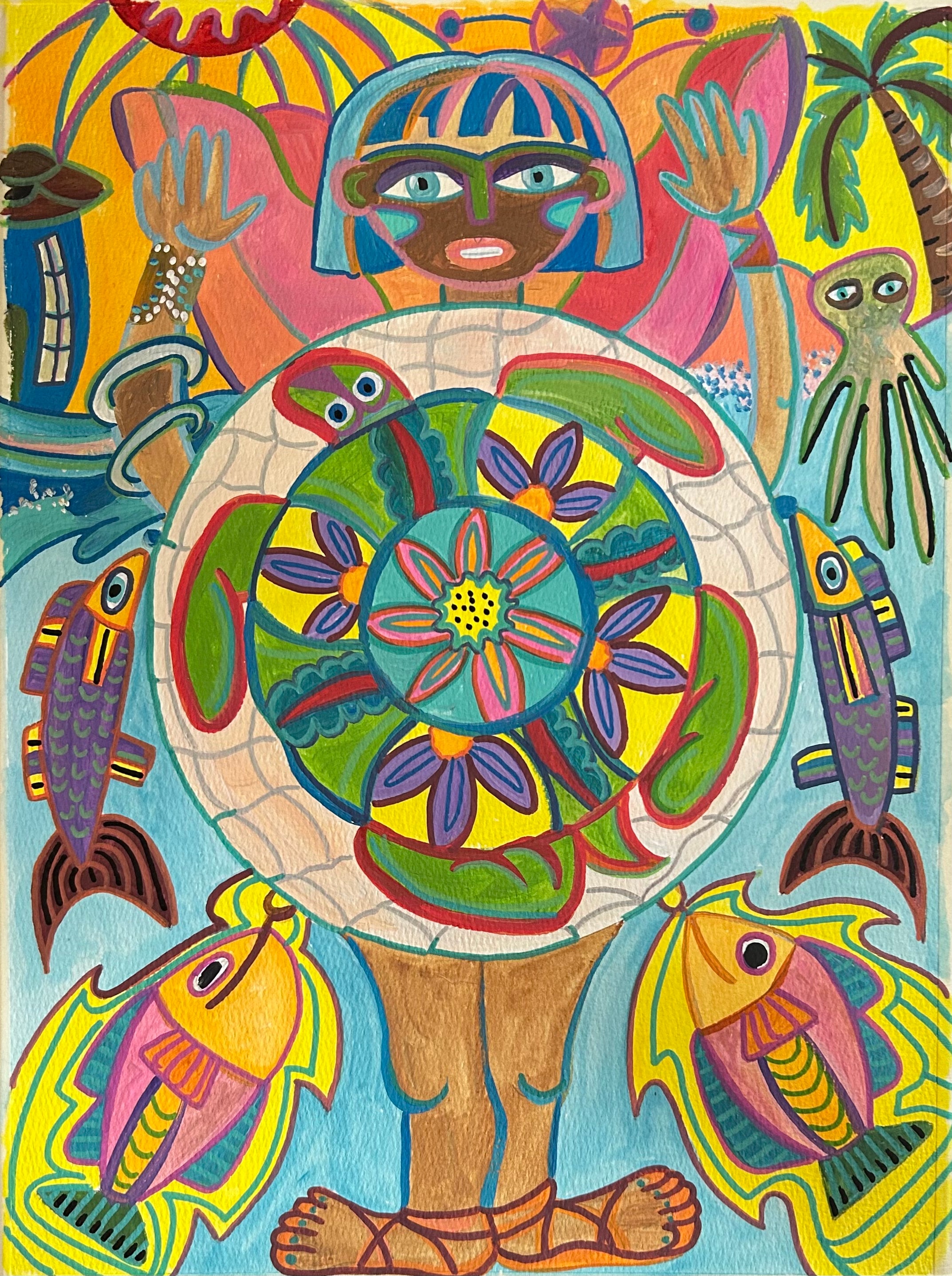 Colorful folk art metal collage by Robbin Robertson