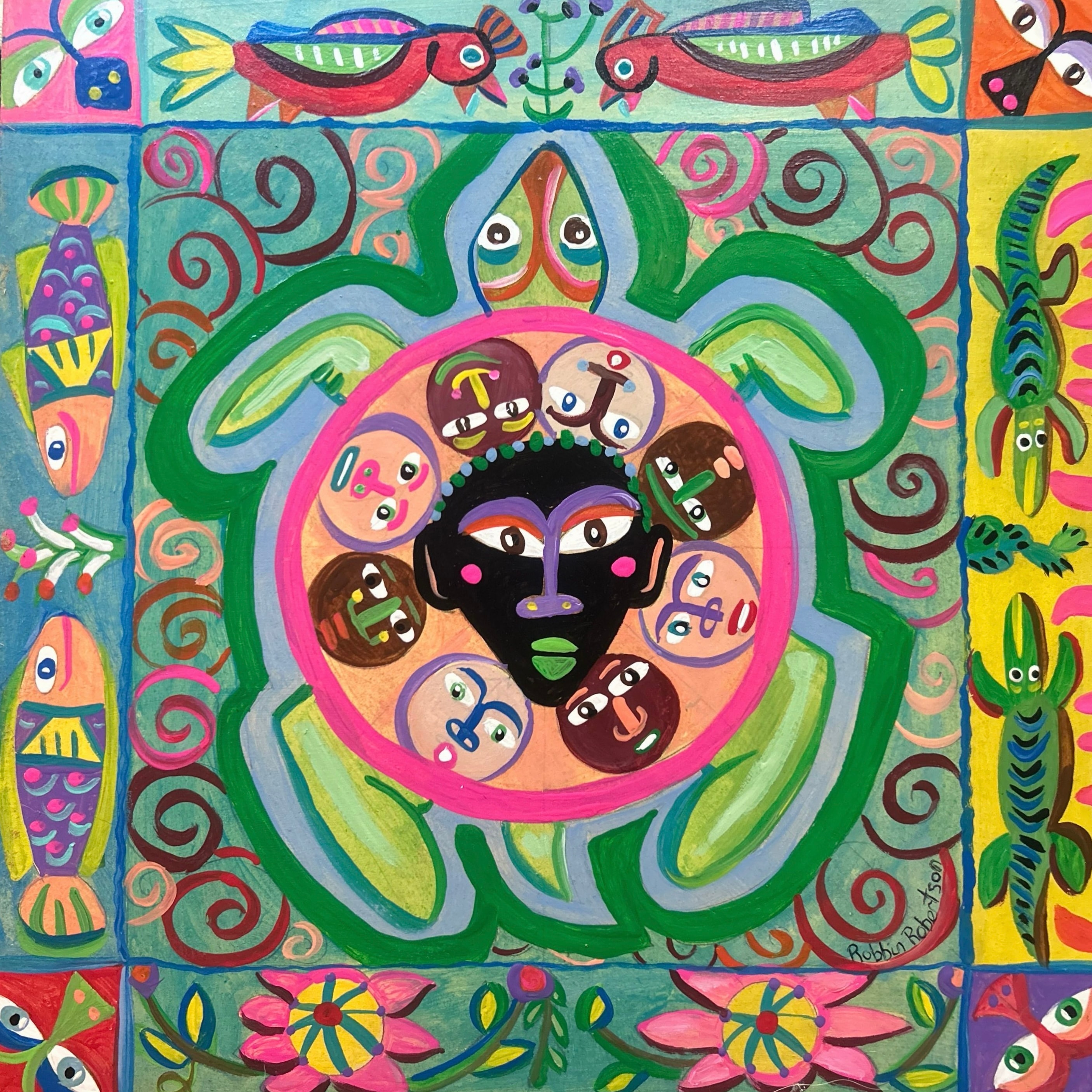 Colorful folk art wood collage by Robbin Robertson