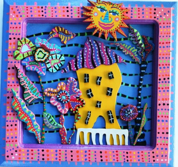 3D mixed media blue framed hut with smiling sun