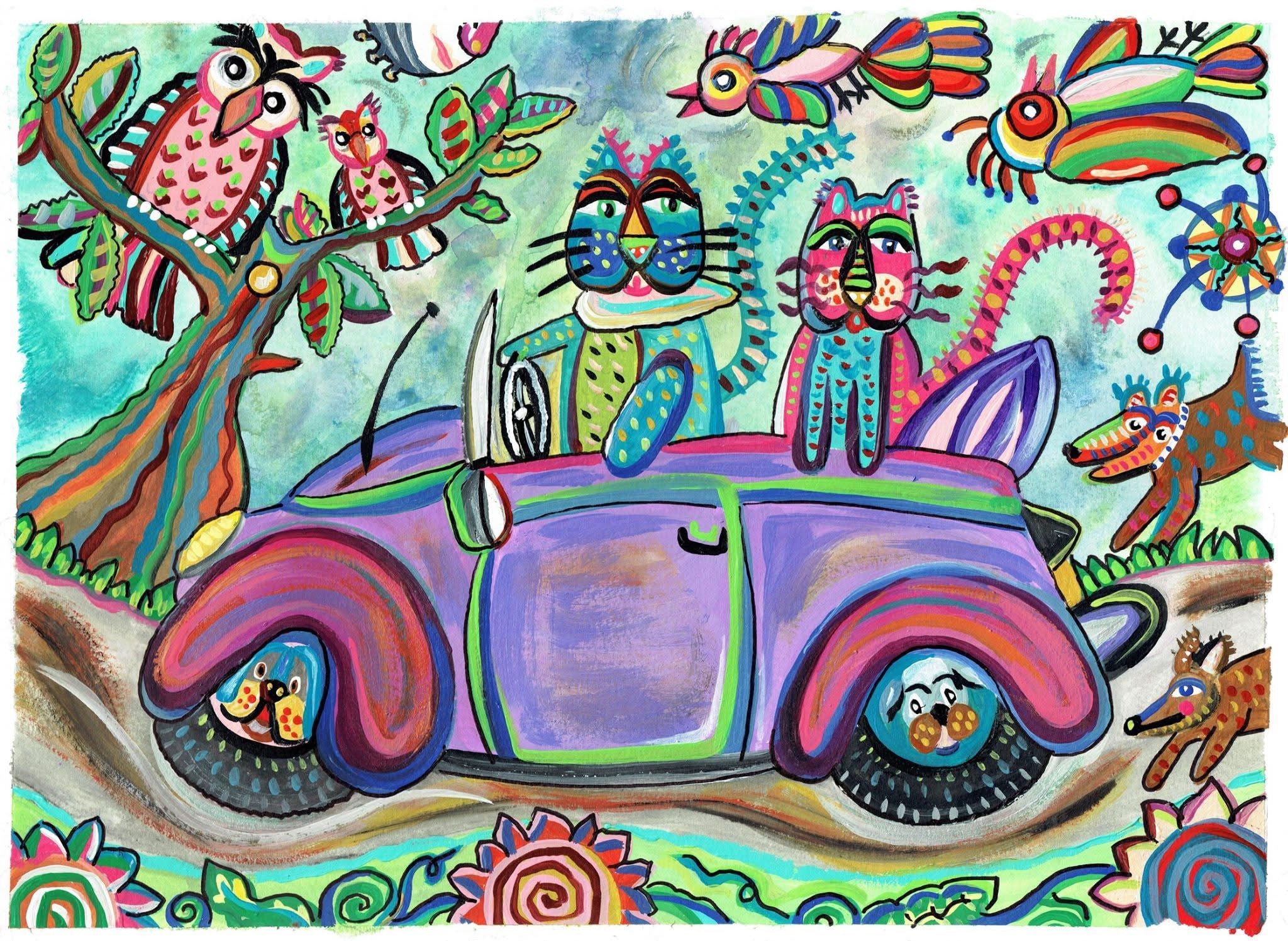 Vibrant whimsical illustration of two colorful cats riding in a purple convertible car surrounded by birds, owls, and folk art creatures