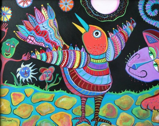 Vibrant colorful bird with patterned feathers on black background