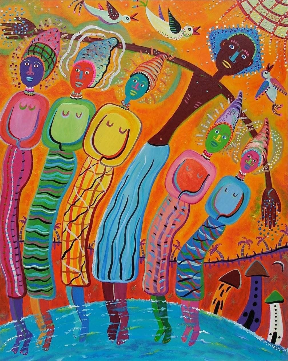 Vibrant folk art painting of colorful dancing figures with patterned clothing against a warm orange background by Robbin Robertson