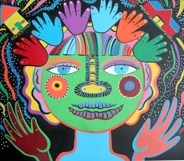 Colorful face surrounded by hands folk art painting