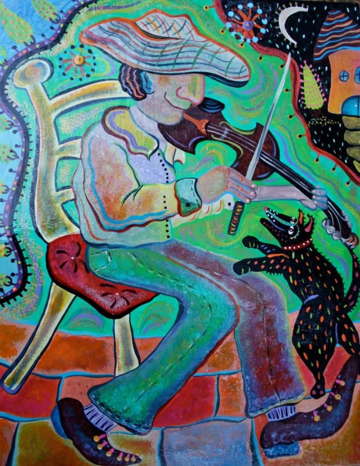 Colorful folk art painting of a fiddle player seated on a red chair with a black spotted dog dancing at his feet, night sky and whimsical house in background