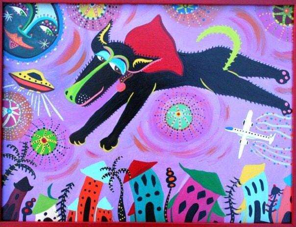 Whimsical black dog flying over colorful village in purple sky