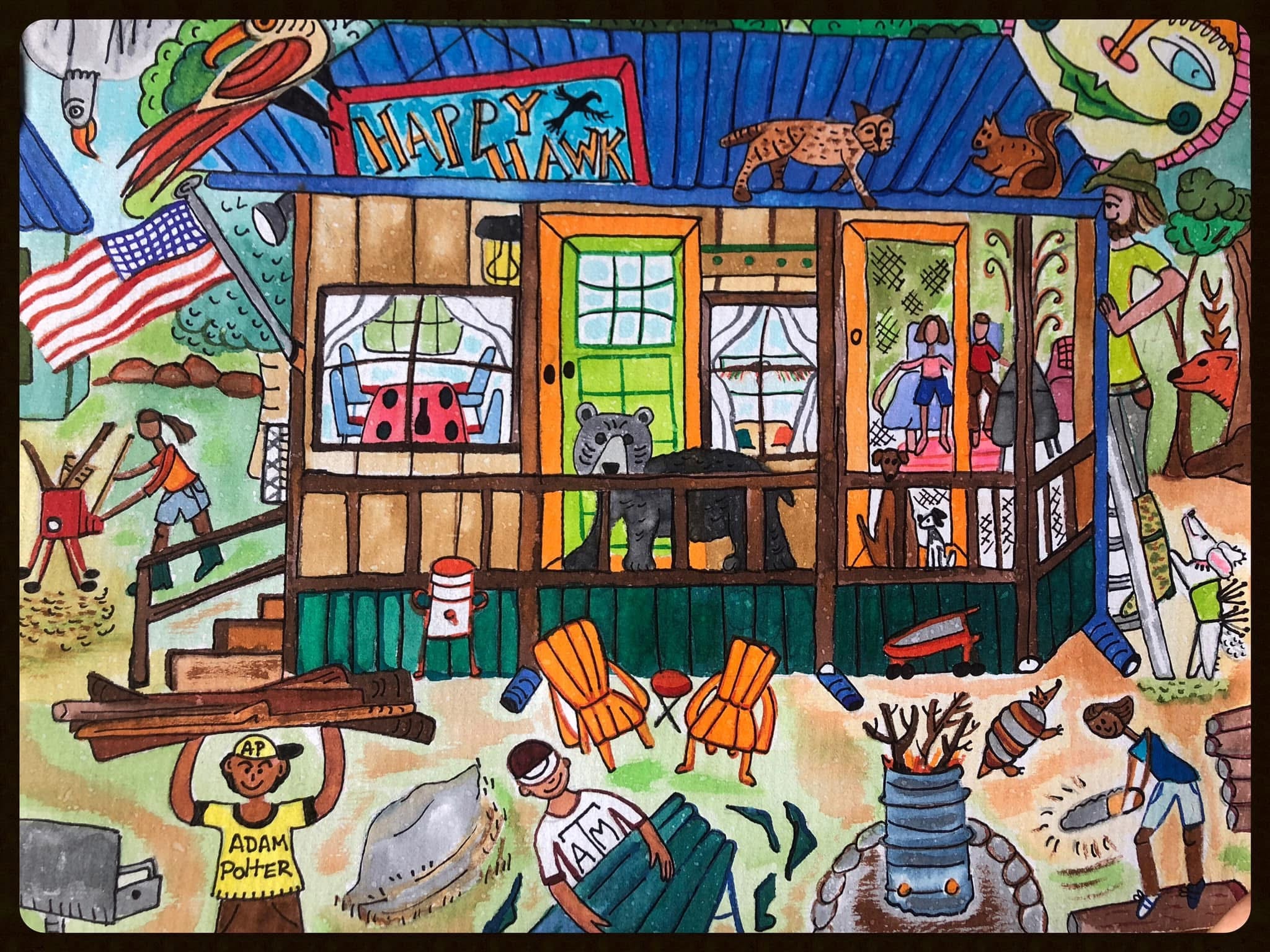 Colorful detailed illustration of the Happy Hawk storefront with people, animals, and outdoor activities surrounding the building