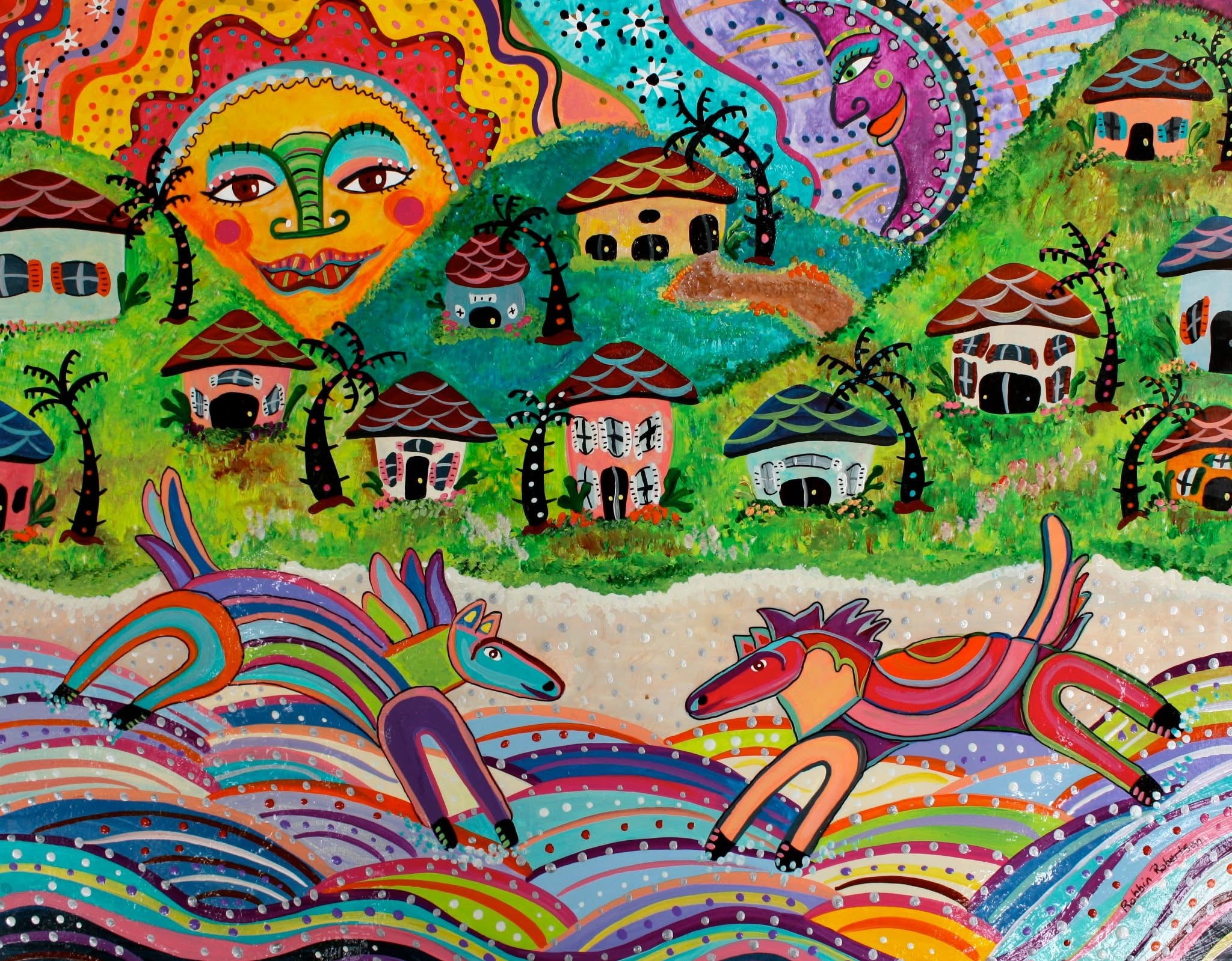 Two colorful folk art horses galloping through rainbow waves with a whimsical village and smiling sun by Robbin Robertson