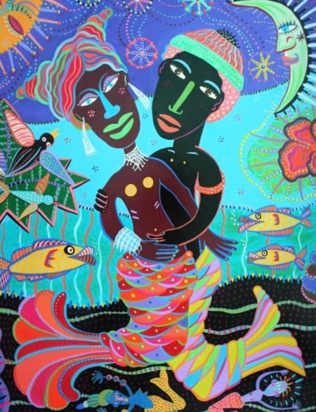 Colorful mermaid couple underwater folk art painting